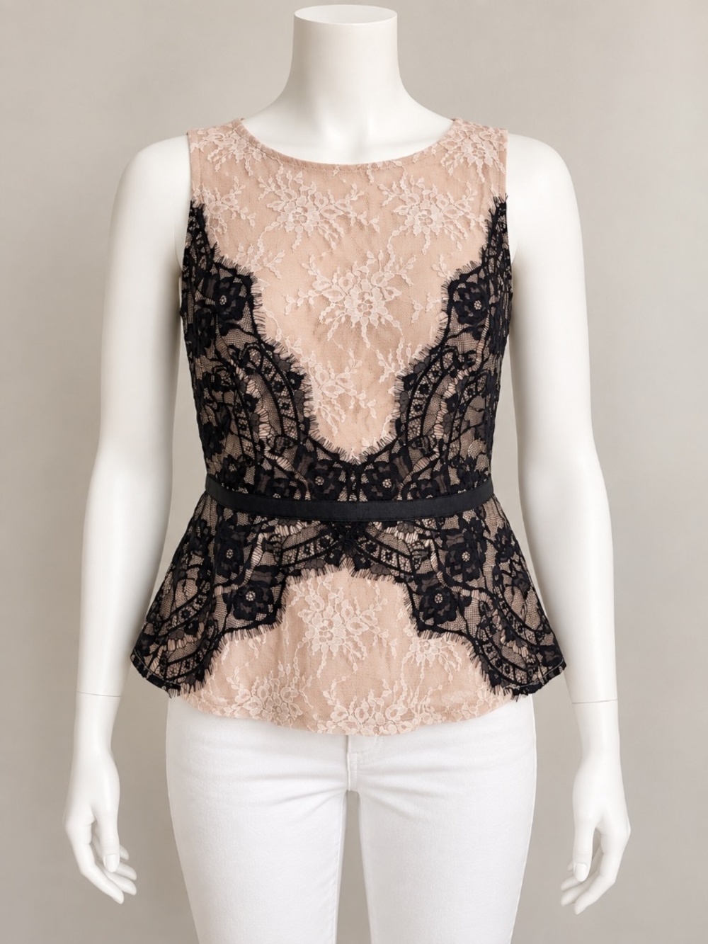 Ann Taylor LOFT Women's Nude Black Lace Sleeveless Peplum Top Size 6